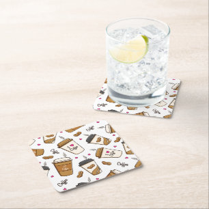 Coffee Cups, Coffee Beans, Coffee Lover, Hearts Square Paper Coaster