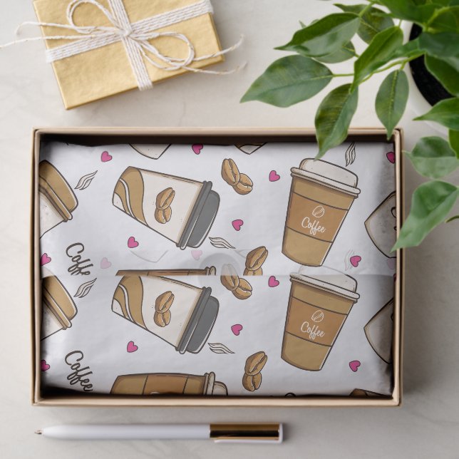 Coffee Cups, Coffee Beans, Coffee Lover, Hearts Tissue Paper (Gift)