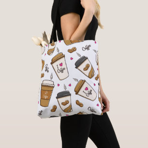 Coffee Cups, Coffee Beans, Coffee Lover, Hearts Tote Bag