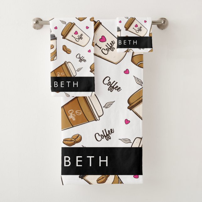 Coffee Cups, Coffee Beans, Coffee Lover, Your Name Bath Towel Set (Insitu)