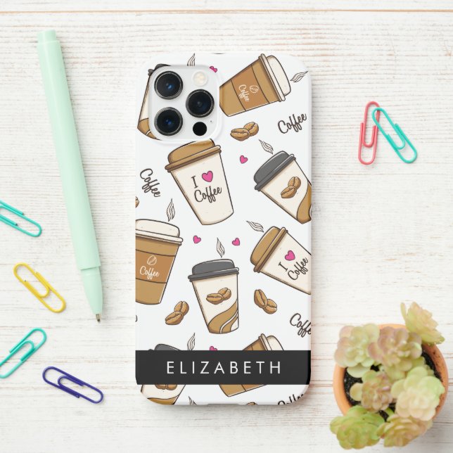 Coffee Cups, Coffee Beans, Coffee Lover, Your Name iPhone Case (On Desk)