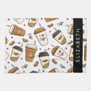 Coffee Cups, Coffee Beans, Coffee Lover, Your Name Kitchen Towel