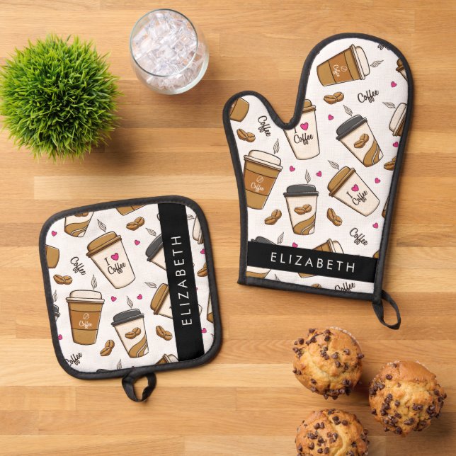 Coffee Cups, Coffee Beans, Coffee Lover, Your Name Oven Mitt & Pot Holder Set (Top Down)