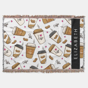 Coffee Cups, Coffee Beans, Coffee Lover, Your Name Throw Blanket
