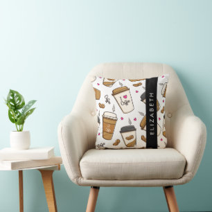 Coffee Cups, Coffee Beans, Coffee Lover, Your Name Throw Pillow