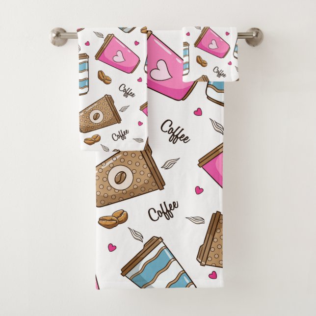 Coffee Cups, Coffee Beans, Hearts, Coffee Lover Bath Towel Set (Insitu)