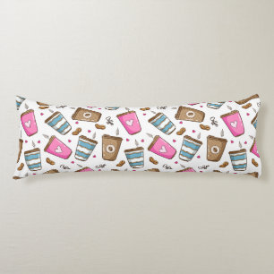 Coffee Cups, Coffee Beans, Hearts, Coffee Lover Body Pillow