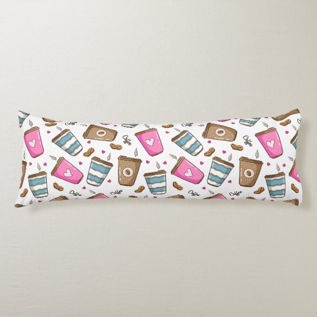 Coffee Cups, Coffee Beans, Hearts, Coffee Lover Body Pillow (Front)