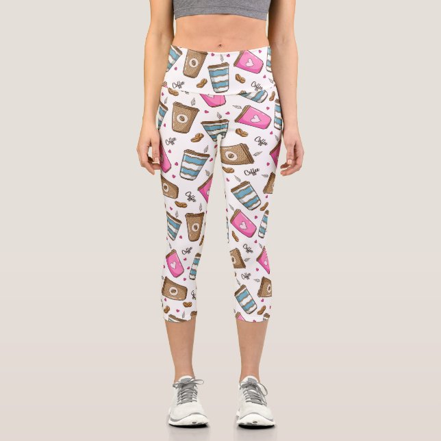 Coffee Cups, Coffee Beans, Hearts, Coffee Lover Capri Leggings (Front)
