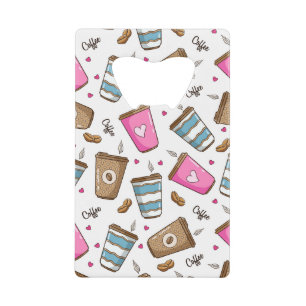 Coffee Cups, Coffee Beans, Hearts, Coffee Lover Credit Card Bottle Opener