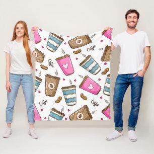 Coffee Cups, Coffee Beans, Hearts, Coffee Lover Fleece Blanket
