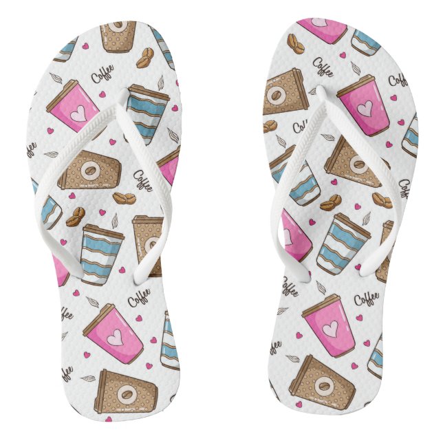 Coffee Cups, Coffee Beans, Hearts, Coffee Lover Flip Flops (Footbed)