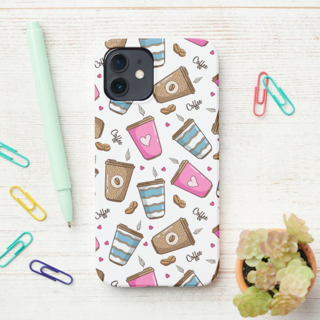 Coffee Cups, Coffee Beans, Hearts, Coffee Lover iPhone Case (On Desk)