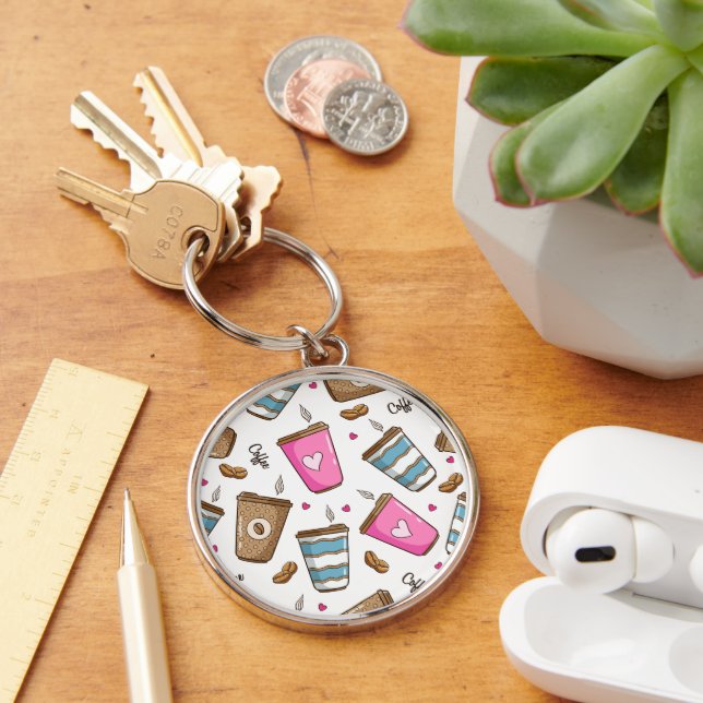 Coffee Cups, Coffee Beans, Hearts, Coffee Lover Keychain (Desk)