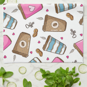 Coffee Cups, Coffee Beans, Hearts, Coffee Lover Kitchen Towel