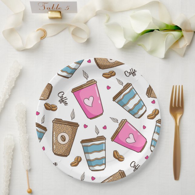 Coffee Cups, Coffee Beans, Hearts, Coffee Lover Paper Plate (Wedding)