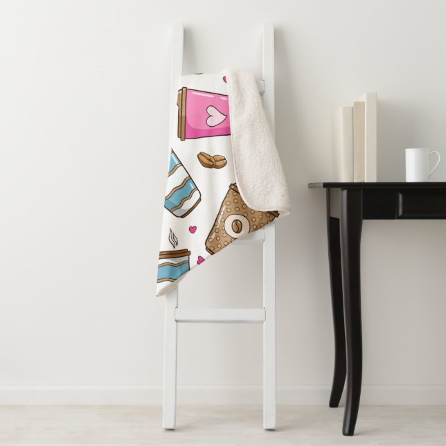 Coffee Cups, Coffee Beans, Hearts, Coffee Lover Sherpa Blanket (In Situ)