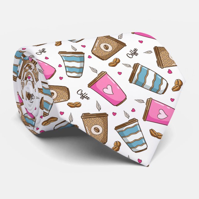 Coffee Cups, Coffee Beans, Hearts, Coffee Lover Tie (Rolled)