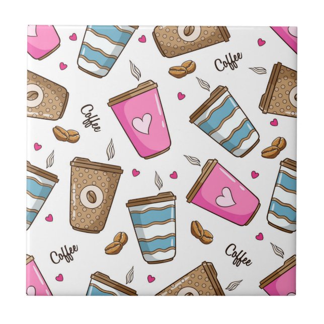 Coffee Cups, Coffee Beans, Hearts, Coffee Lover Tile (Front)