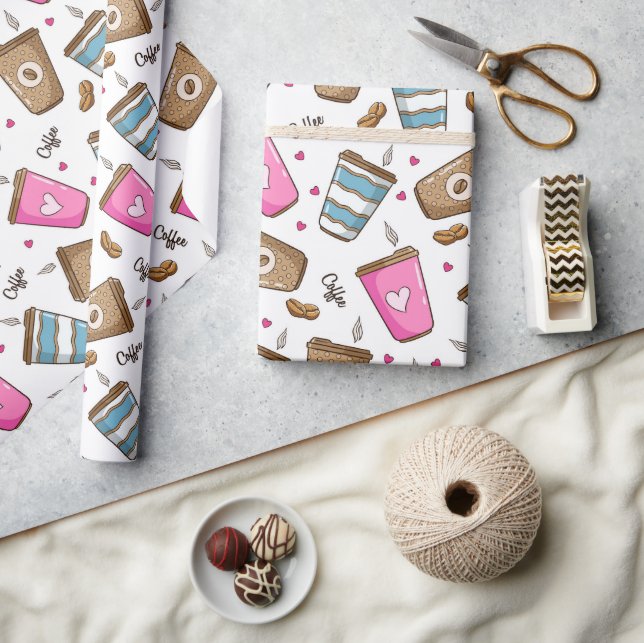 Coffee Cups, Coffee Beans, Hearts, Coffee Lover Wrapping Paper (Crafts)