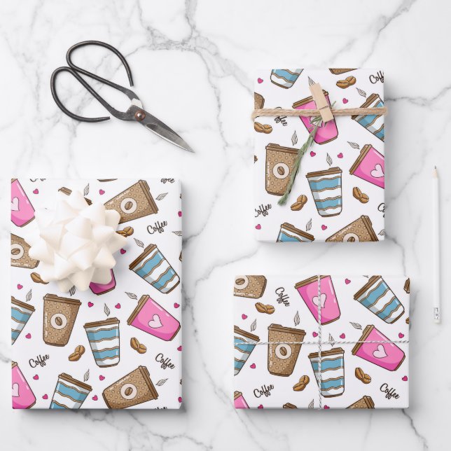 Coffee Cups, Coffee Beans, Hearts, Coffee Lover Wrapping Paper Sheet (Front)