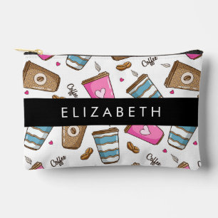 Coffee Cups, Coffee Beans, Hearts, Your Name Accessory Pouch