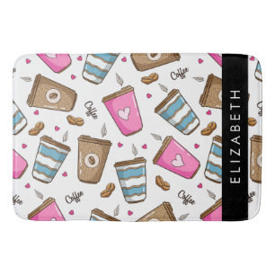 Coffee Cups, Coffee Beans, Hearts, Your Name Bath Mat