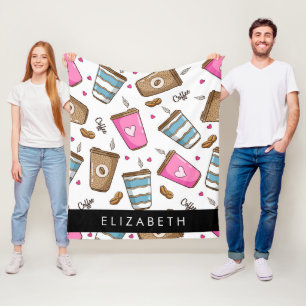 Coffee Cups, Coffee Beans, Hearts, Your Name Fleece Blanket