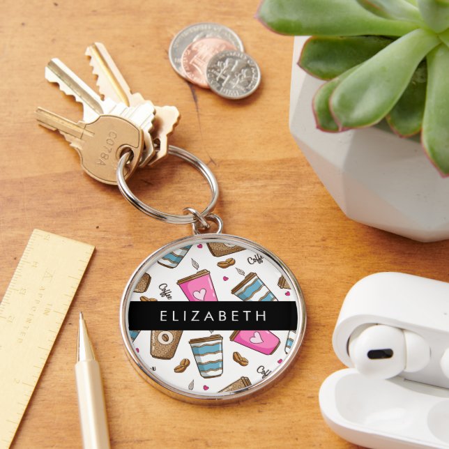Coffee Cups, Coffee Beans, Hearts, Your Name Keychain (Desk)