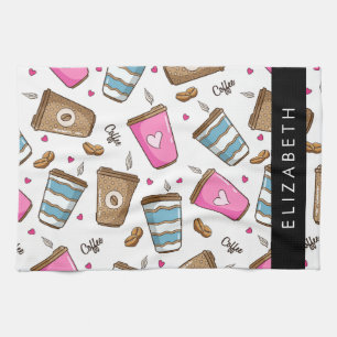 Coffee Cups, Coffee Beans, Hearts, Your Name Kitchen Towel
