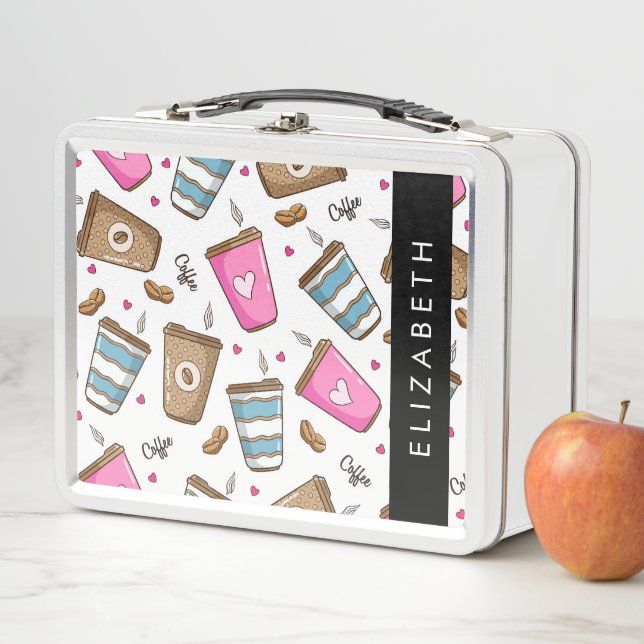 Coffee Cups, Coffee Beans, Hearts, Your Name Metal Lunch Box (In Situ)