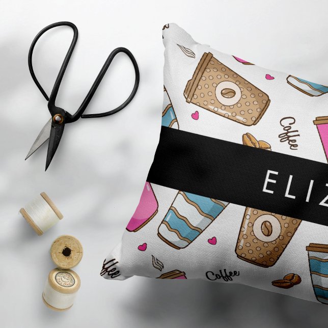 Coffee Cups, Coffee Beans, Hearts, Your Name Pillowcase (Creator Uploaded)