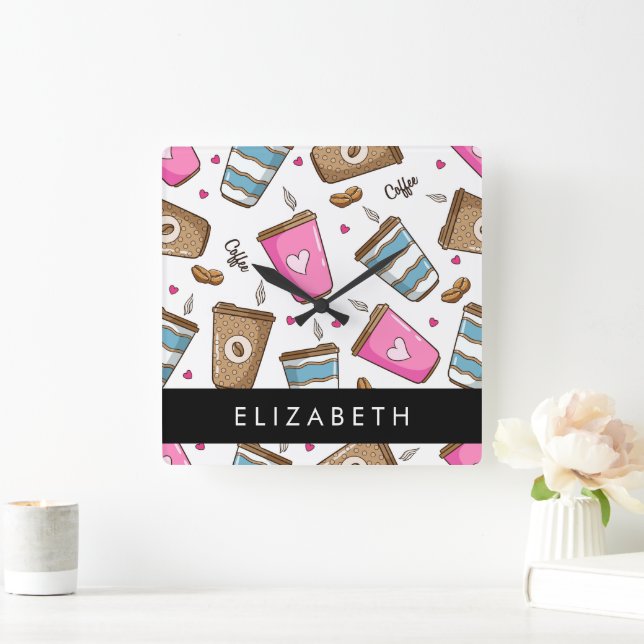 Coffee Cups, Coffee Beans, Hearts, Your Name Square Wall Clock (Home)