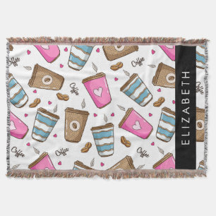 Coffee Cups, Coffee Beans, Hearts, Your Name Throw Blanket