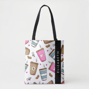 Coffee Cups, Coffee Beans, Hearts, Your Name Tote Bag