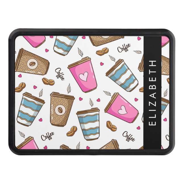 Coffee Cups, Coffee Beans, Hearts, Your Name Trailer Hitch Cover (Front)