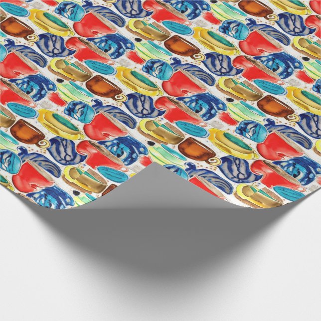 Coffee Cups Red Abstract Watercolor Pattern Wrapping Paper (Corner)