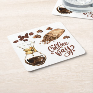 Coffee day Cool rustic brown Espresso White Square Paper Coaster