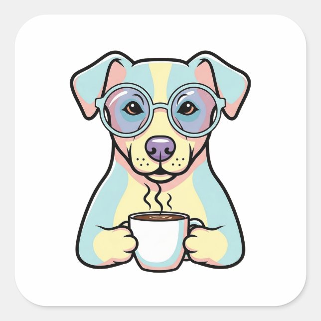 Coffee Dog with Glasses – Cute Whimsical Illustrat Square Sticker (Front)