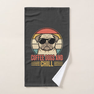 Coffee Dogs and Chill Retro Pug Hand Towel