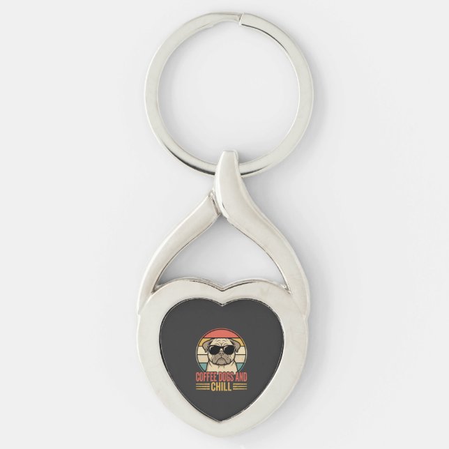 Coffee Dogs and Chill Retro Pug Keychain (Front)