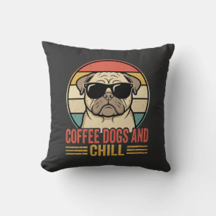 Coffee Dogs and Chill Retro Pug Throw Pillow