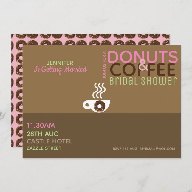 COFFEE DONUTS Bridal Shower Invitation Pink Choc (Front/Back)