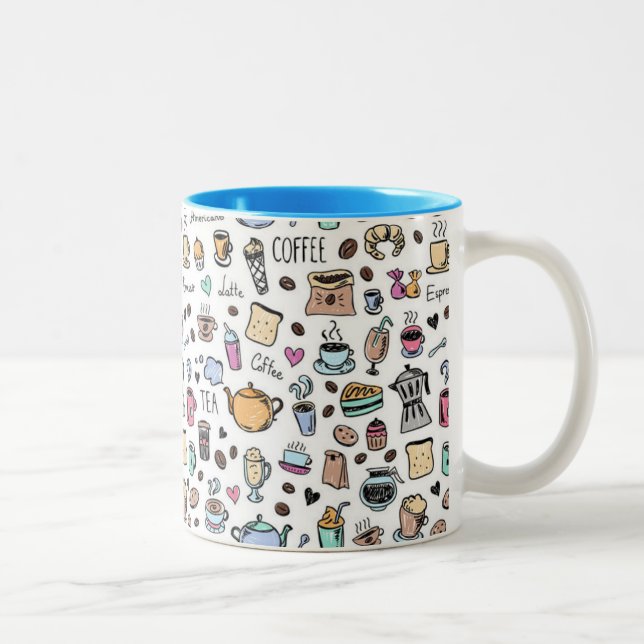Coffee doodle background Two-Tone coffee mug (Right)