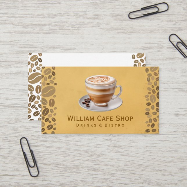 Coffee Drink in a Cup and Beans Business Card (Front/Back In Situ)