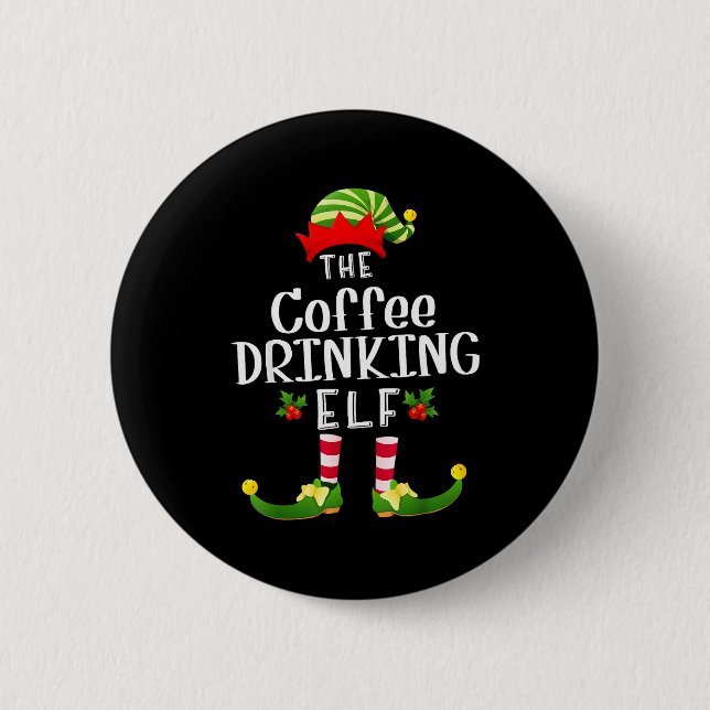 Coffee Drinking Christmas Elf Matching Pajama X-ma 2 Inch Round Button (Front)