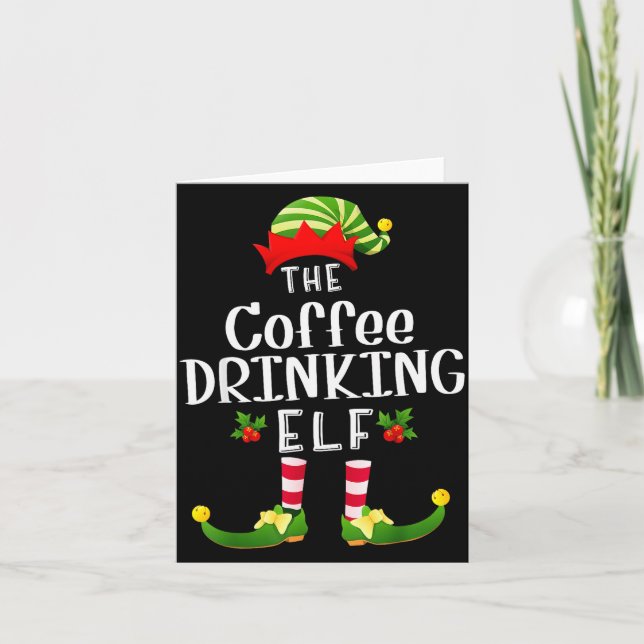Coffee Drinking Christmas Elf Matching Pajama X-ma Card (Front)