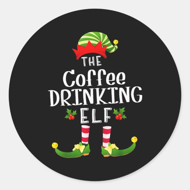 Coffee Drinking Christmas Elf Matching Pajama X-ma Classic Round Sticker (Front)