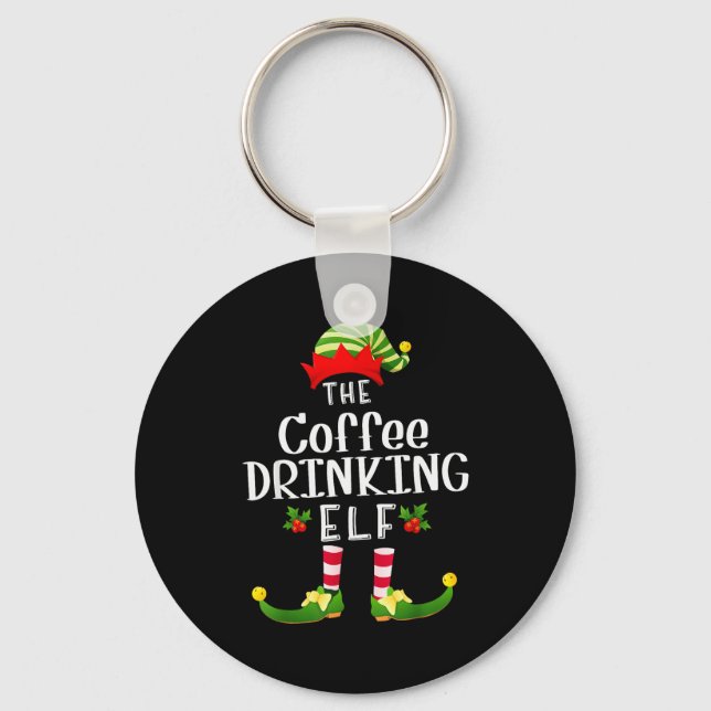 Coffee Drinking Christmas Elf Matching Pajama X-ma Keychain (Front)