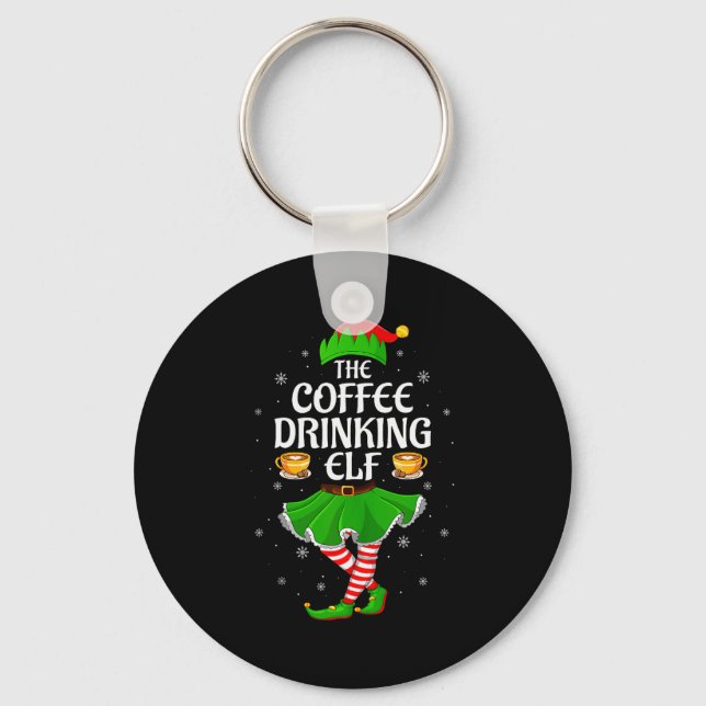 Coffee Drinking Elf Christmas Girls Women Elf Squa Keychain (Front)
